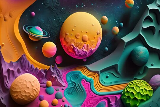 Colorful plasticine art space landscape. Fantasy children background with planets and mountains.