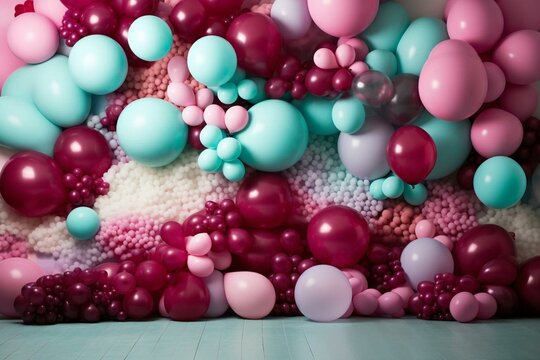 Balloon Assortment With Maroon, Pink, And Duck Egg Blue Colors Over A Vibrant Backdrop. Generative AI