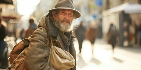 Panhandling concept with homeless man begging on a street corner to get out of poverty - obrazy, fototapety, plakaty