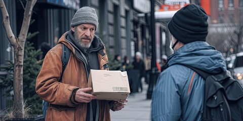 Panhandling concept with homeless man begging on a street corner to get out of poverty