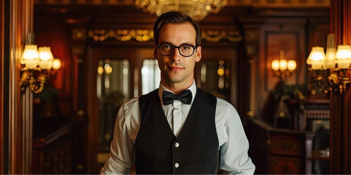 Friendly butler man servant ready to serve his household