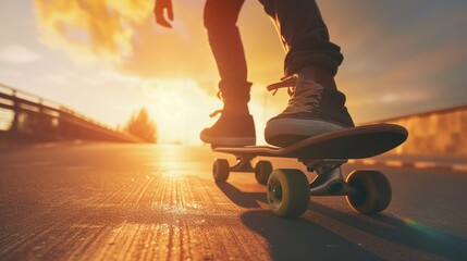 young man riding a skateboard high speed on urban road at sunset. Active lifestyle concept. Extreme sport. Outdoor activity - obrazy, fototapety, plakaty