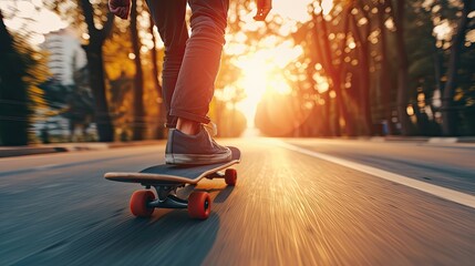 young man riding a skateboard high speed on urban road at sunset. Active lifestyle concept. Extreme sport. Outdoor activity - obrazy, fototapety, plakaty