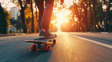 Foto op Plexiglas young man riding a skateboard high speed on urban road at sunset. Active lifestyle concept. Extreme sport. Outdoor activity © Ilmi
