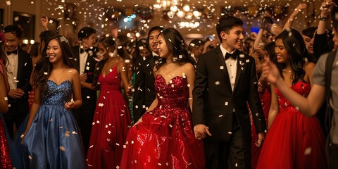 Prom romance with young students dressed up in a tuxedo and  gown to dance the night away before leaving high school
