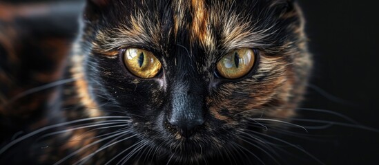 Fierce calico cat has intense glare and black fur.