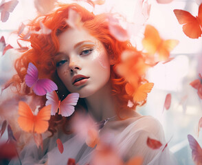 A beautiful woman with short curly hair surrounded by orange butterflies.