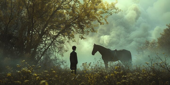 man with horse in Natural landscape panoramic image with plants and trees outdoors