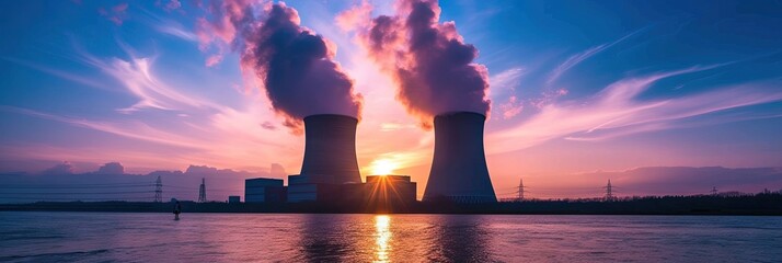 Nuclear power plant blowing smoke into the sky to produce electricity to power the grid