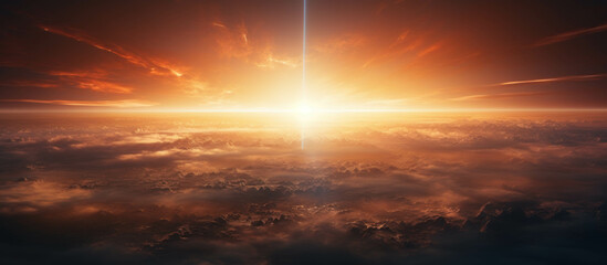 Fototapeta premium A planet surface with a red and orange sky, with a large sunrise in the upper frame. Global warming