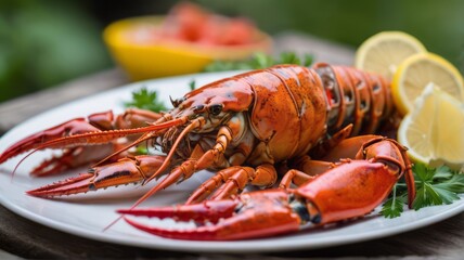 this plate features a whole cooked lobster, elegantly presented with lemon and herbs, ready for a gourmet seafood dining experience