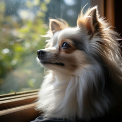 A small dog with fluffy fur sits on a windowsill. The dog looks outside, and the sunlight shines. The background green leaves are blurred