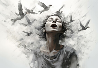 Double exposure black and white portrait of sad young women and seagulls. - obrazy, fototapety, plakaty