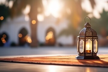 Fototapeta na wymiar With the backdrop of a mosque's arches and the soft glow of lights, a traditional Ramadan lantern casts its warm illumination upon an ornate carpet