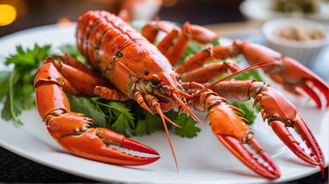 A whole, cooked lobster presented on a plate with fresh lemon and herbs, ready for a gourmet seafood feast.