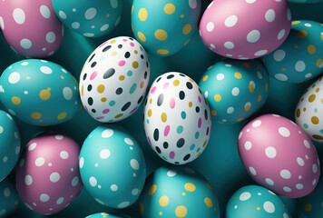 Fototapeta na wymiar Colorful Easter eggs background. Easter eggs are painted in pastel colors with polka dots.