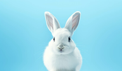 Obraz premium Happy Easter day bunny. A white rabbit stands in front of a blue background.