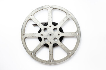 Obraz premium Cinema industry and movie background with film reels, top view