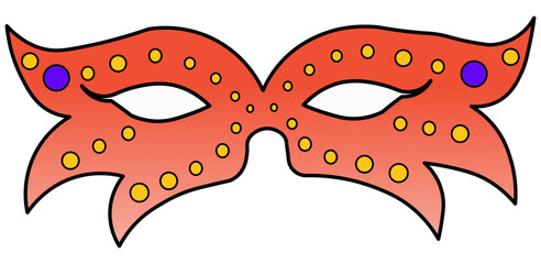 Colorful carnival mask in shades of orange with yellow and blue polka dots. Art symbol of Brazilian carnival