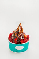 Yogurt soft ice cream gelato natural with chocolate sauce and strawberries