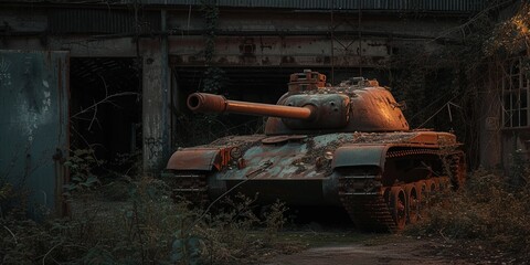 Fototapeta premium Military tank with canon on armored vehicle moving with tracks across tough terrains