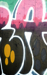 Colorful background of graffiti painting artwork with bright aerosol outlines on wall. Old school...
