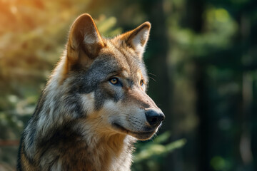 A wolf's head in profile with a forest backdrop, highlighting its attentive eyes and ears.