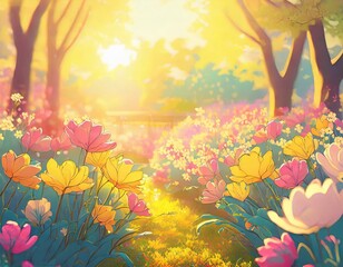 Beautiful springtime garden with vibrant colorful blooming flowers, Japanese anime style, pastel colours. 