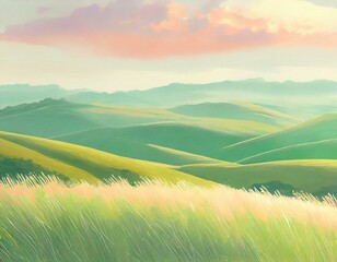 Beautiful landscape with waves of tall grass blowing in the wind. Anime style, colorful pastel picture. 