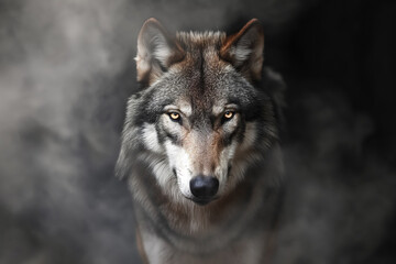 A solemn wolf stares forward with intense eyes, against a misty, dark background.