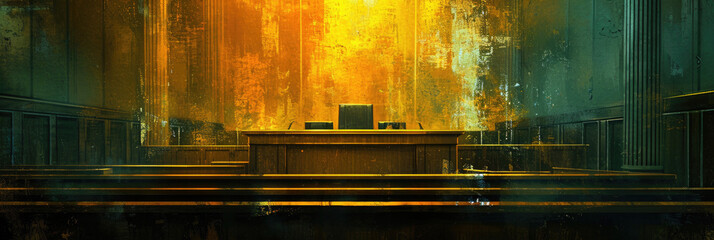 empty courtroom with tables and chairs,illustration - obrazy, fototapety, plakaty
