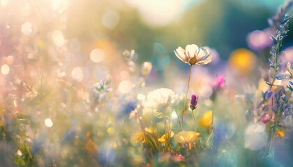 Fototapeta na wymiar Pale bright pastel background with beautiful colorful springtime meadow flowers. 