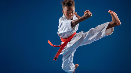 young child in a karate uniform with a red belt is performing a high kick against a blue background