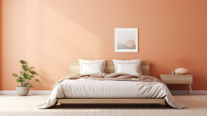 Fototapeta na wymiar A modern bedroom with a wooden bed white bedding a terracotta peach wall and a framed abstract painting. Contemporary minimalist interior design