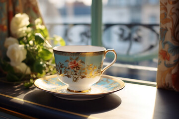 An ornate teacup bathed in sunlight beside a bouquet of white roses near a window with a decorative railing. Leisure time concept - obrazy, fototapety, plakaty