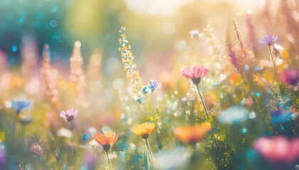 Fototapeta na wymiar Pale bright pastel background with beautiful colorful springtime meadow flowers. 
