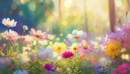 Fototapeta na wymiar Bright pastel background with beautiful colorful springtime meadow flowers. 