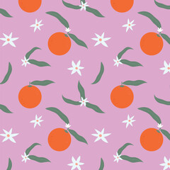  Seamless background with citrus oranges, leaves, flowers. Summer vector wallpaper with ripe fruits.