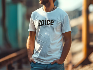 Man in a white t-shirt with the word 'voice' printed on it.