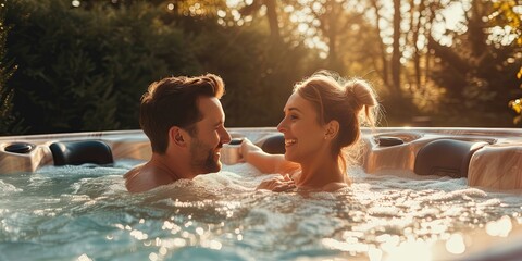Couple (man and woman) relaxing in a hot tub for romantic spa day - obrazy, fototapety, plakaty