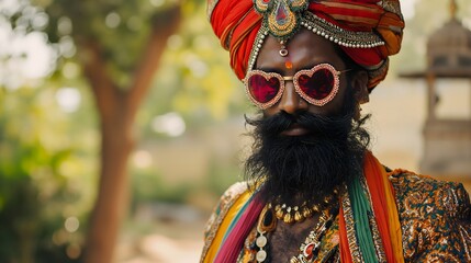 Indian man in traditional costume and heart shaped sunglasses - obrazy, fototapety, plakaty