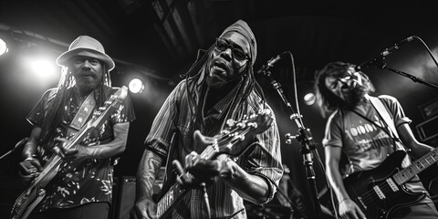 Reggae band filled with Rastafarians and their instruments - obrazy, fototapety, plakaty