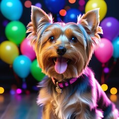 Yorkshire Terrier Birthday Portrait Amidst Colorful Balloon Backdrop