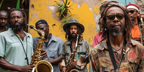 Reggae band filled with Rastafarians and their instruments