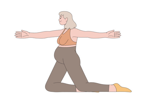 Pregnant woman practicing yoga vector flat illustration. Active future mothers doing aerobic exercise, meditating and stretching isolated. Female enjoy healthy lifestyle. Regular physical activity.