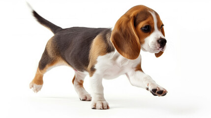 young beagle dog in mid-stride, looking to the side with a white background