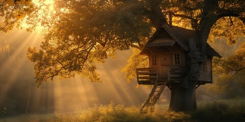 Wooden treehouse in a tree outdoors - obrazy, fototapety, plakaty