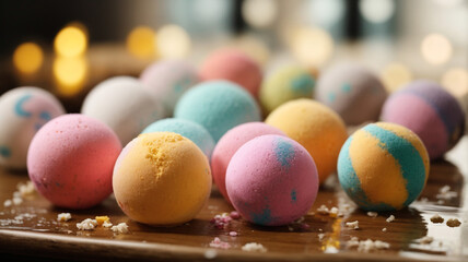 Fototapeta na wymiar Round of Relaxation: Colorful and Fizzy Bath Bombs for a Blissful Soak