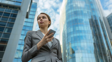 Fototapeta premium Young professional woman in business attire is holding a smartphone and looking confidently forward with large glass buildings in the background.