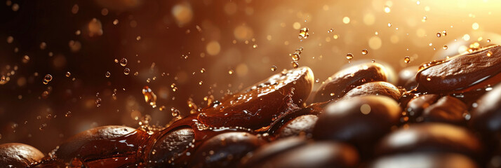 close-up, macro on coffee beans, splashes of drops in motion, orange bokeh background